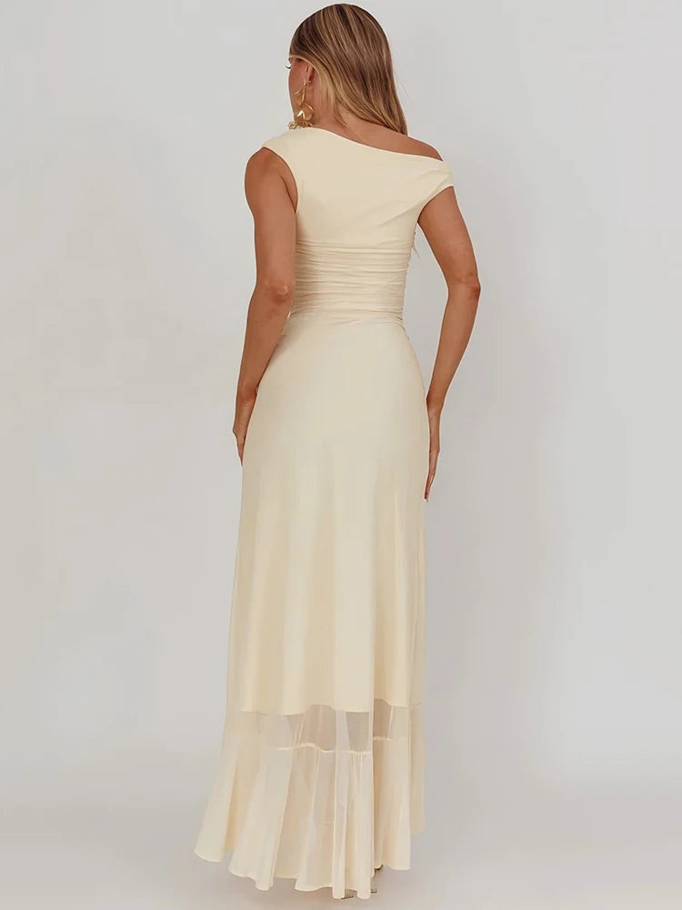 Sleeveless Ruffled Split Maxi Dress For Women Gown Mesh O Neck Oblique Shoulder Backless High Waist Slim Fit Club Dress