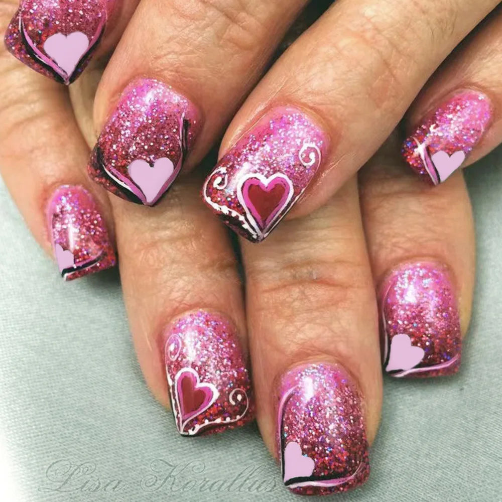 24pcs/set short Medium fake nails square ballet almond nail tips pink beautiful heart for Valentine's Day press on false nails 1706