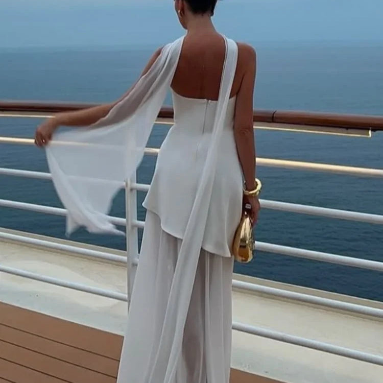 Elegant Off Shoulder Irregular Hem With Scarf Women Fashion Sleeveless Backless Slim Fit Long Dress 2025 New Summer Party Robes