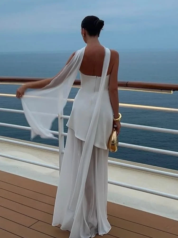 Elegant Off Shoulder Irregular Hem With Scarf Women Fashion Sleeveless Backless Slim Fit Long Dress 2025 New Summer Party Robes