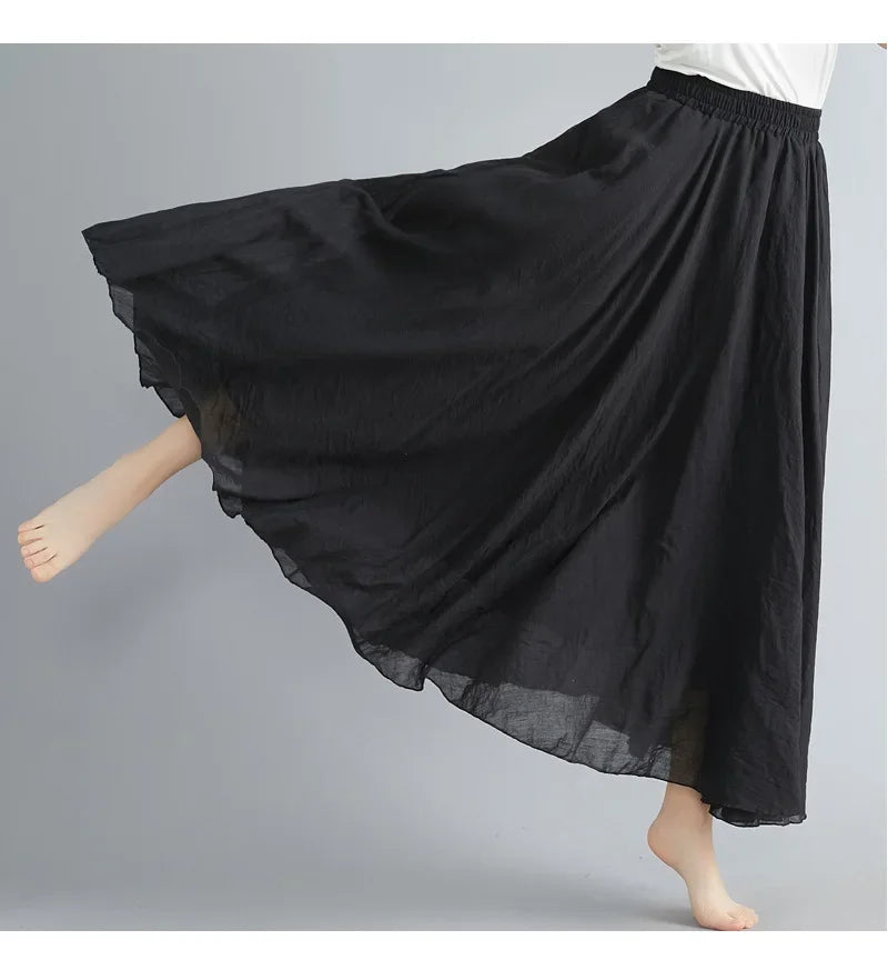 Fashion Cotton Linen Clothes Women Skirts Maxi Y2k Elegant Beach Saia Ropa Mujer Casual Vestido Boho Long Skirt Faldas Harajuku black