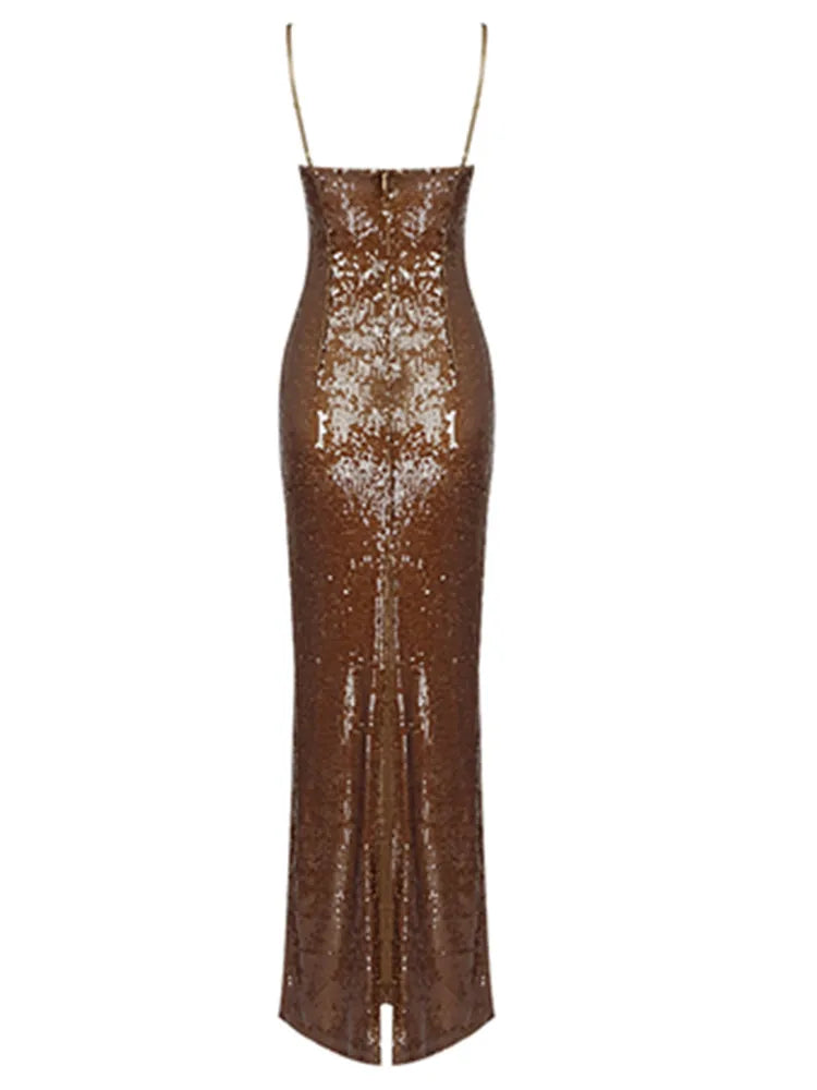 Women Summer Style Sexy Sleeveless Backless Mesh Sequins Brown Bodycon Maxi Long Dress Elegant Evening Party Dress