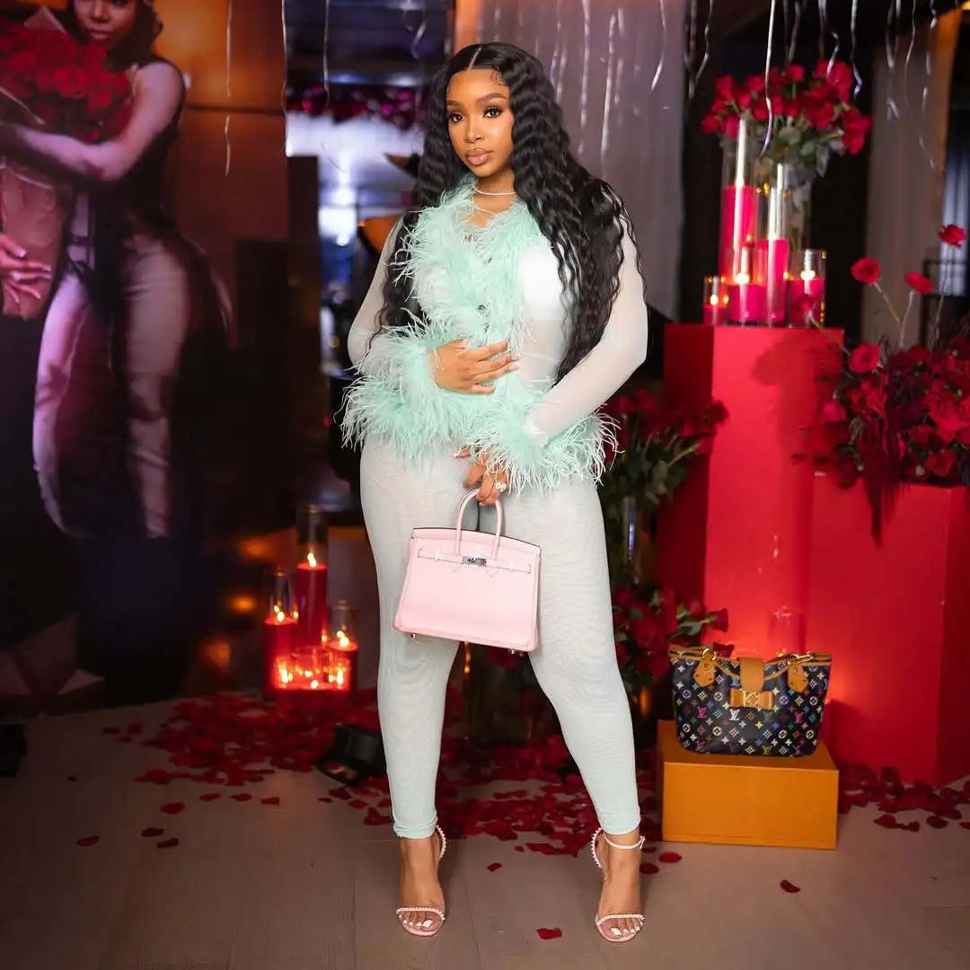 Fashion Mesh See Though Women's Set Feather Side Long Sleeve Crop Top and Legging Pants 2025 Sexy Two 2Piece Sets Outfit azure