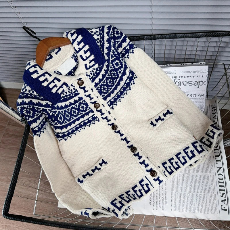 Autumn Winter New Fashion Contrast Color Jacquard Lapel Sweater Coat For Women New Loose Knitted Cardigan 11A07545