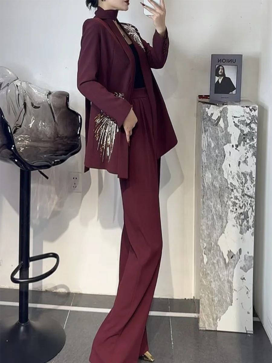 Solid Slimming Two Piece Sets for Women V Neck Long Sleeves Patchwork Sequins Top High Waist Pant Fashionset Female BURGUNDY