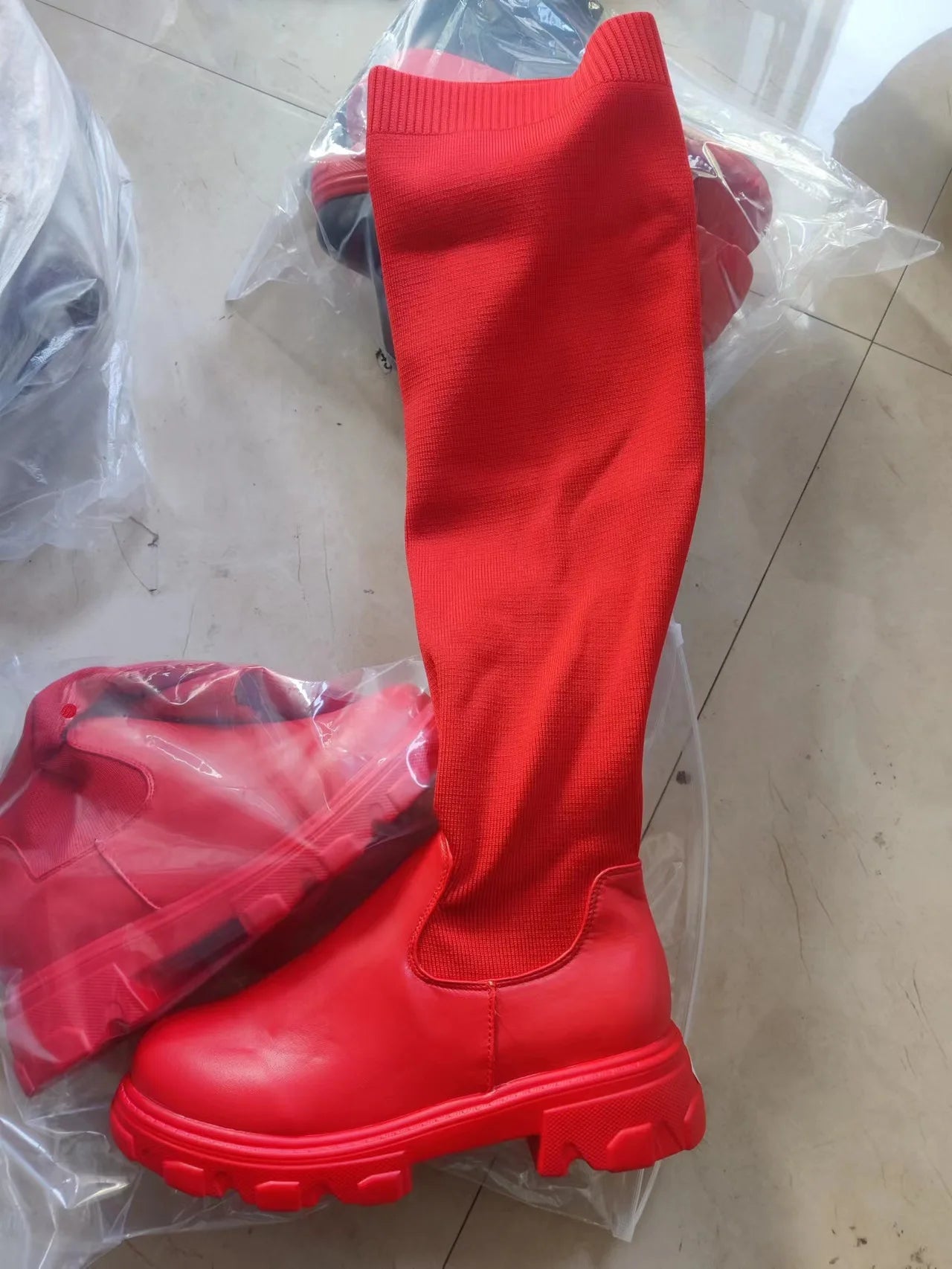 Women's Cotton Boots Winter Autumn Over The Knee Long Tube Leather Knitted Stitching Boots Fashion Female shoes Red