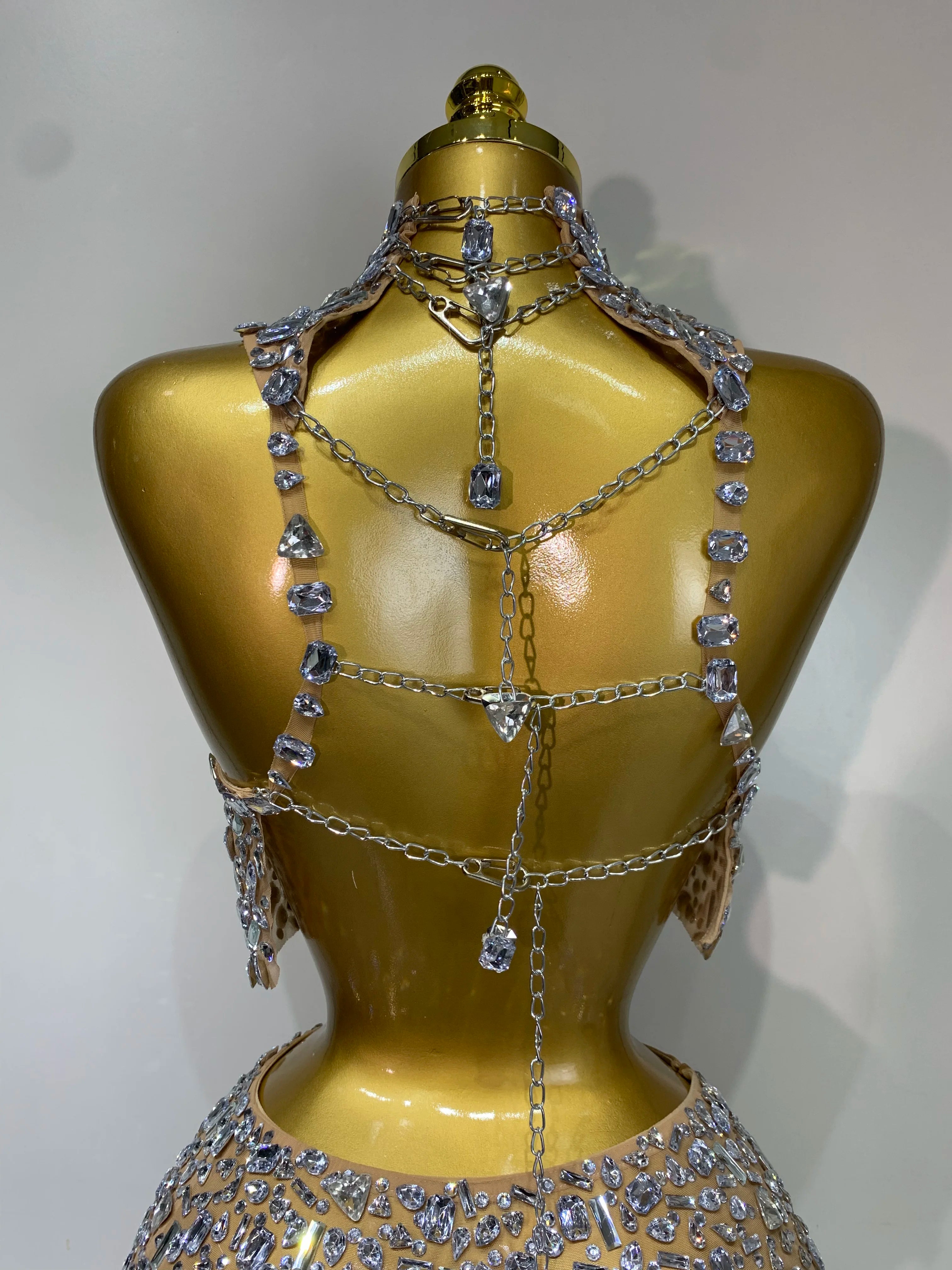 Sparkling Rhinestone Sexy See Through Blackless Top Skirt Two Pieces Set Woman Luxury Birthday Evening Party Gowns