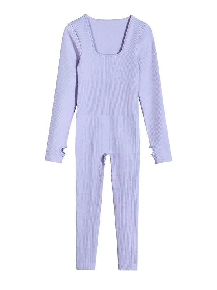 Women Yoga Jumpsuits One Piece Workout Ribbed Long Sleeve Rompers Square Neck Sport Exercise Bodysuits Gym Sportswear Violet