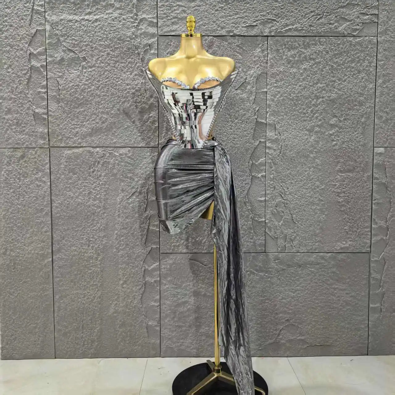 Gold Silver Color Women Sexy Strapless Shinning Crytsal 2 Pieces Bodycon Mini Dress Celebrate Nightclub Party Birthday Wear Silver