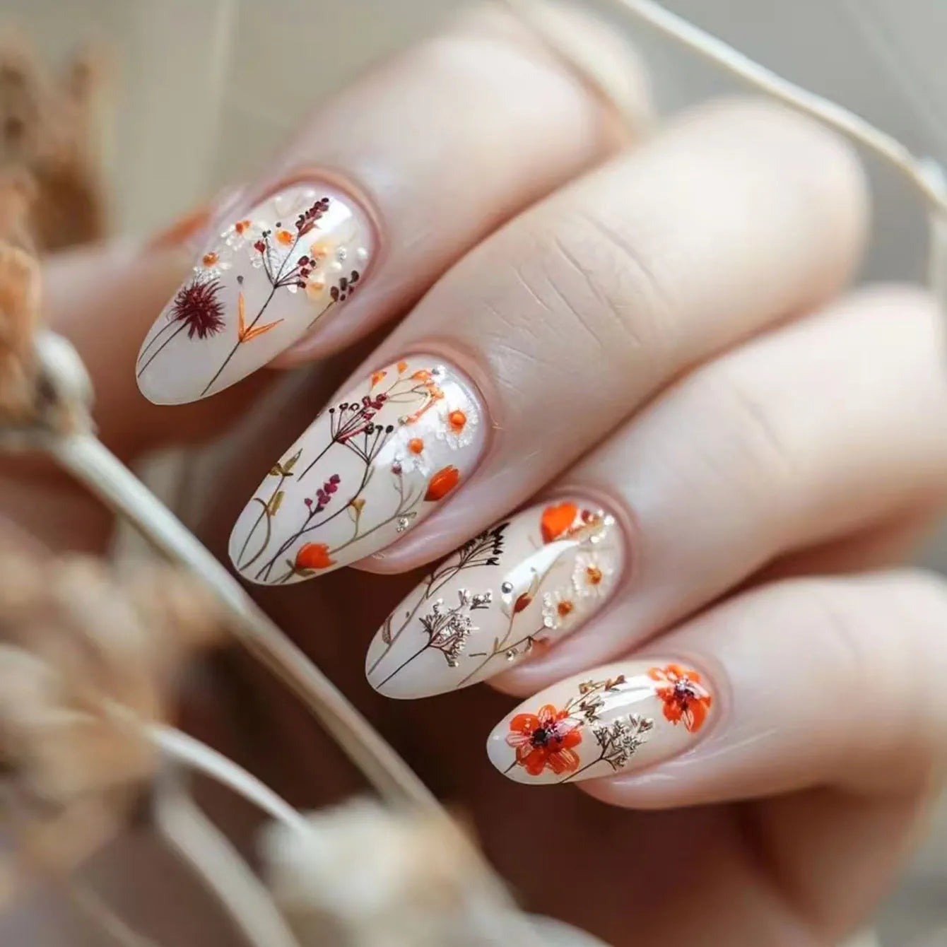 24Pcs Simple Almond Press on Fake Nails with Jelly Glue Fresh Flowers Design French Summer Fashion Acrylic oval Fake Nails Tools 6