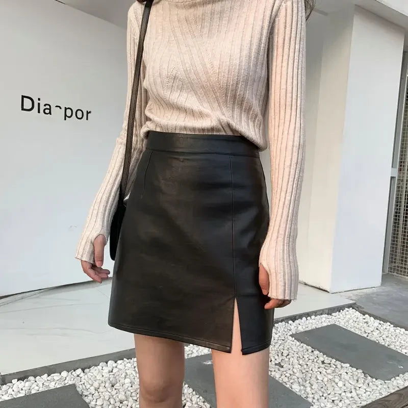 Slit Leather Skirt Female Autumn Winter New A- line Skirt Office Lady Sheath High Waist Slimming Skirt Mujer Faldas