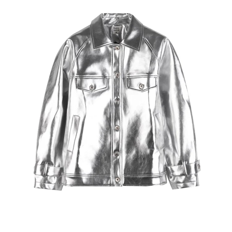 Lautaro-Women's Shiny Patent Faux Leather Jacket with Raglan Long Sleeve, Luxury Designer Clothing, Spring, Autumn, Silver, Y2K