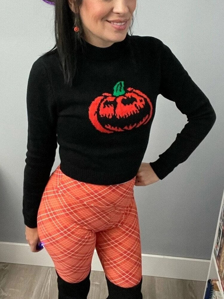 Yangelo Gothic Pumpkin Pattern Knitted Pullover Women Punk High-necked Long-sleeved Fall Winter Warm Sweater Halloween