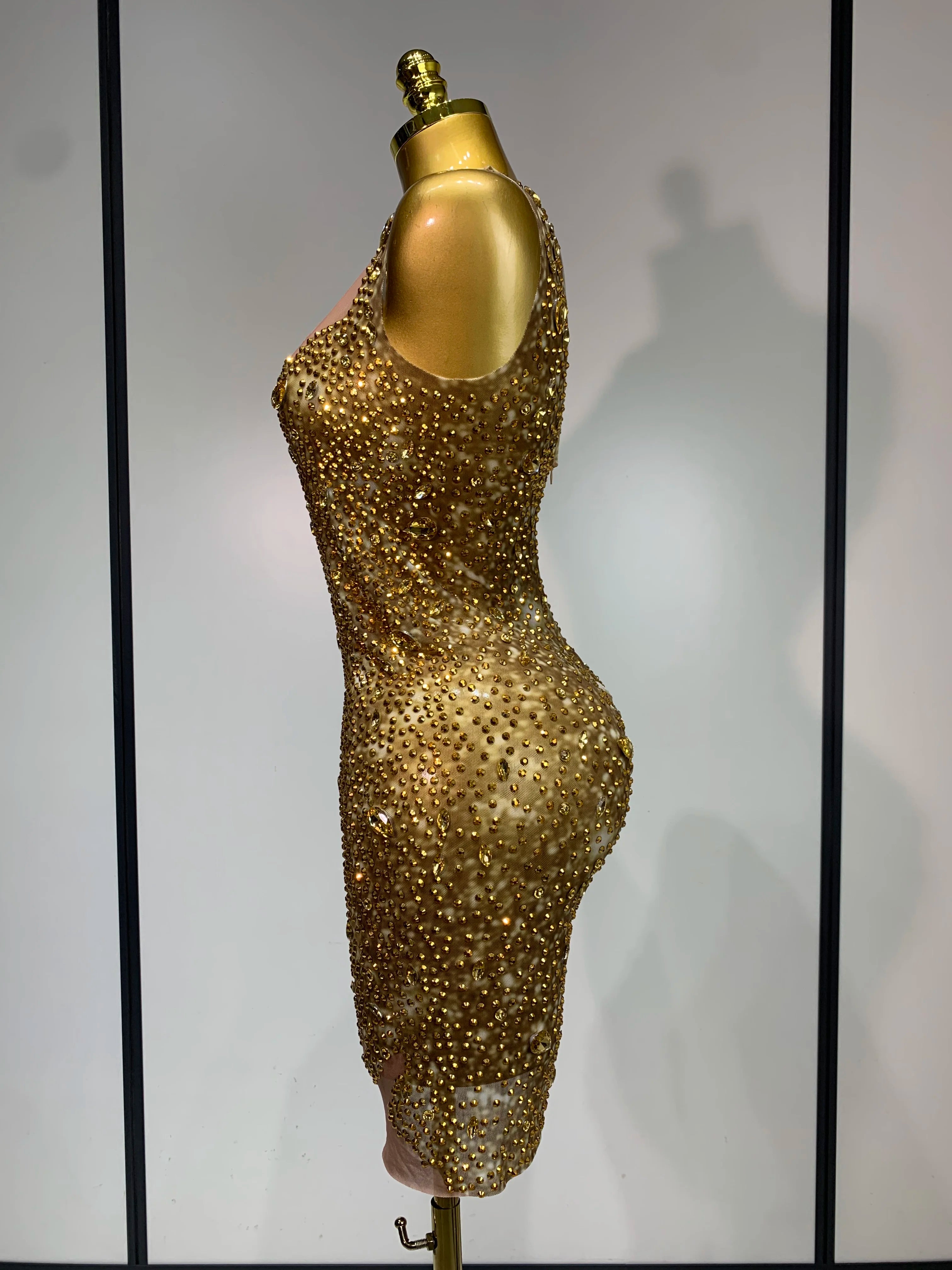 Women Sexy Stage Perform Outfit Club Gown Shining Gold Rhinestones Elegant Mesh Dress Birthday Evening Party Photoshoot Costume