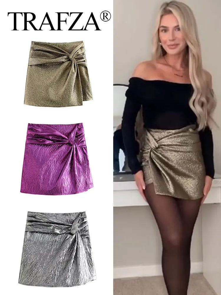 TRAFZA Shorts Skirts For Women Vintage Y2K Mini Skirt Side Zipper High Waist Draped Culottes Elegant Woman Streetwear Shorts