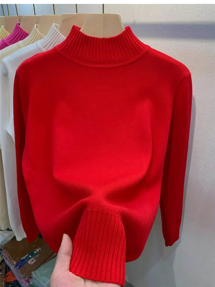Candy Color Half Turtleneck Sweater Pullover Women Fall Winter Slim Soft Knitwear Jumper Korean Casual Warm Knit Long Sleeve Top Red