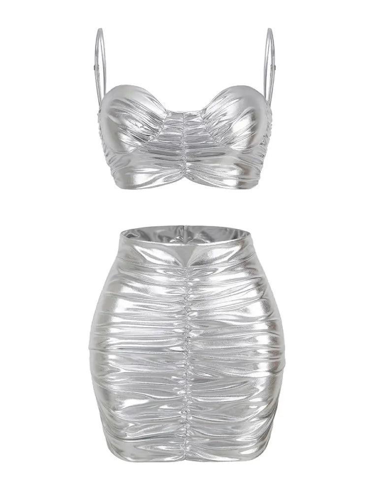 Fashion's Sexy Expose Waist Sliver Woman Sets Short Tank And Mini Skirt 2 Piece Young Lady High Street Wear Nightclub Outfit Silver