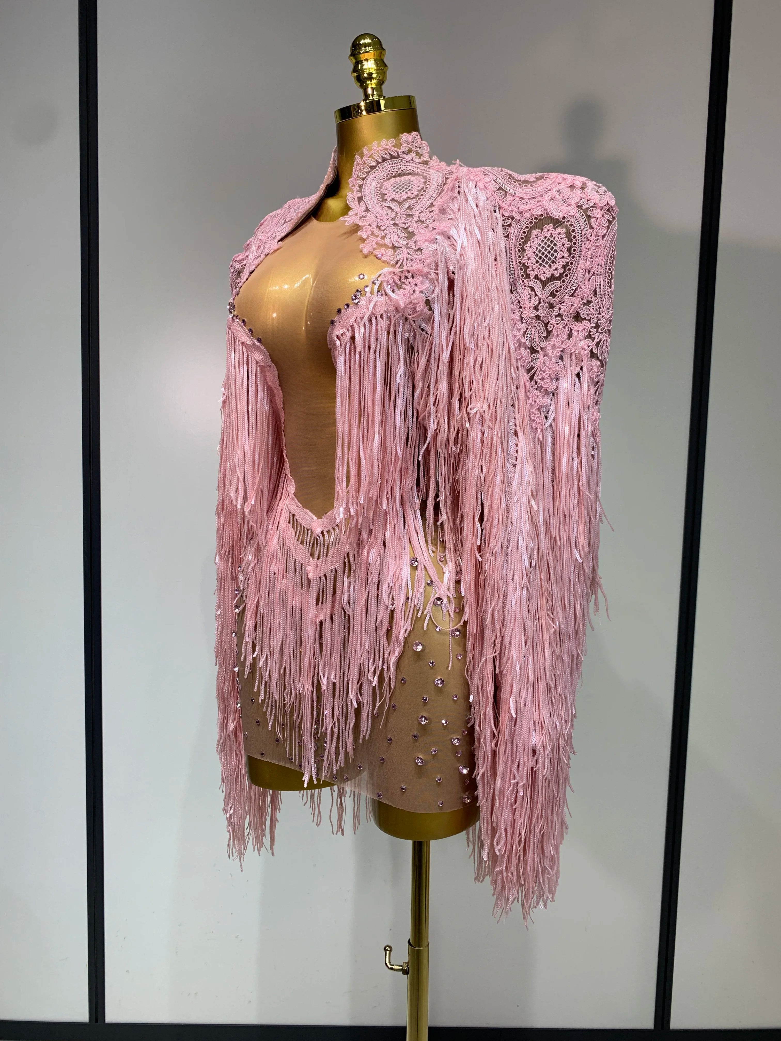 Women Sexy Transparent Long Sleeve Bodycon Dress Two Piece Set Luxury Sequin Fringes Evening Party Celebrity Performance Costume