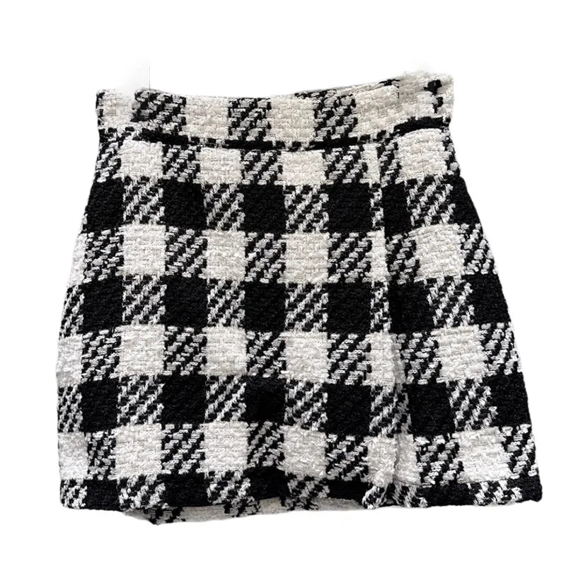 Winter New Fashion Style Black White Plaid Wool Folded Edge Short Skirt For Women A-line Wrapped Hip Skirts 11A07502