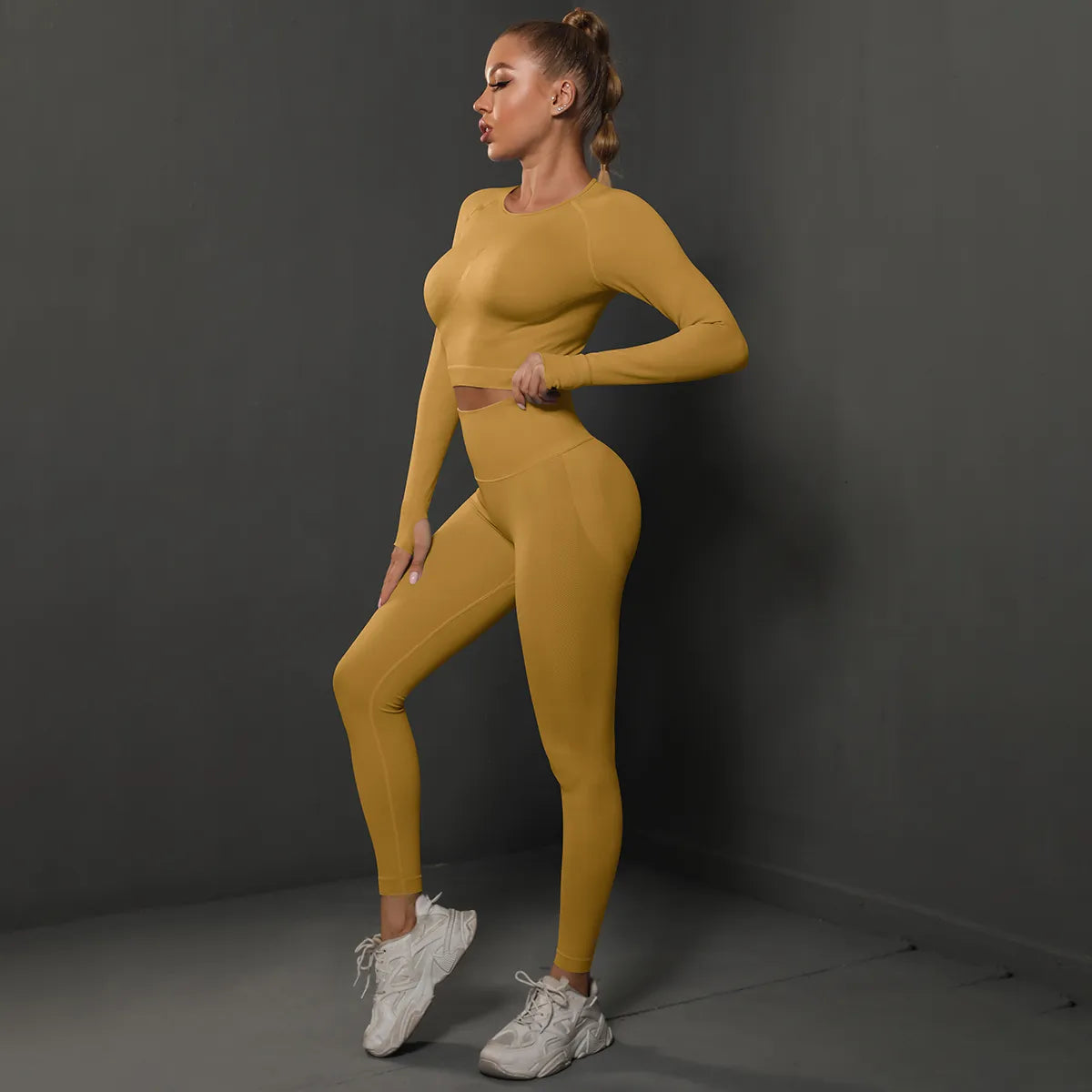 2Pcs Women Sets Energy Seamless Gym Suits Bubble Butt Sports Pants+Long Sleeve Shirts Push Up Running Sets Tracksuits Tights Set Yellow