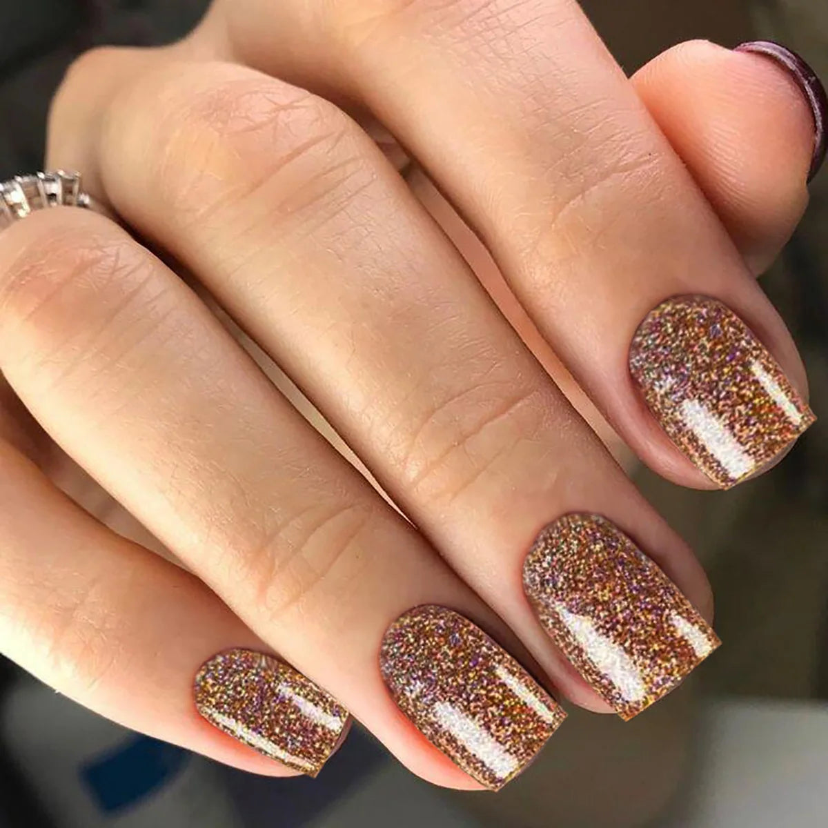 24pcs/set short fake nails for women girls sparkling glitter black red purple square tips faux ongles press on false nail art 547 brown