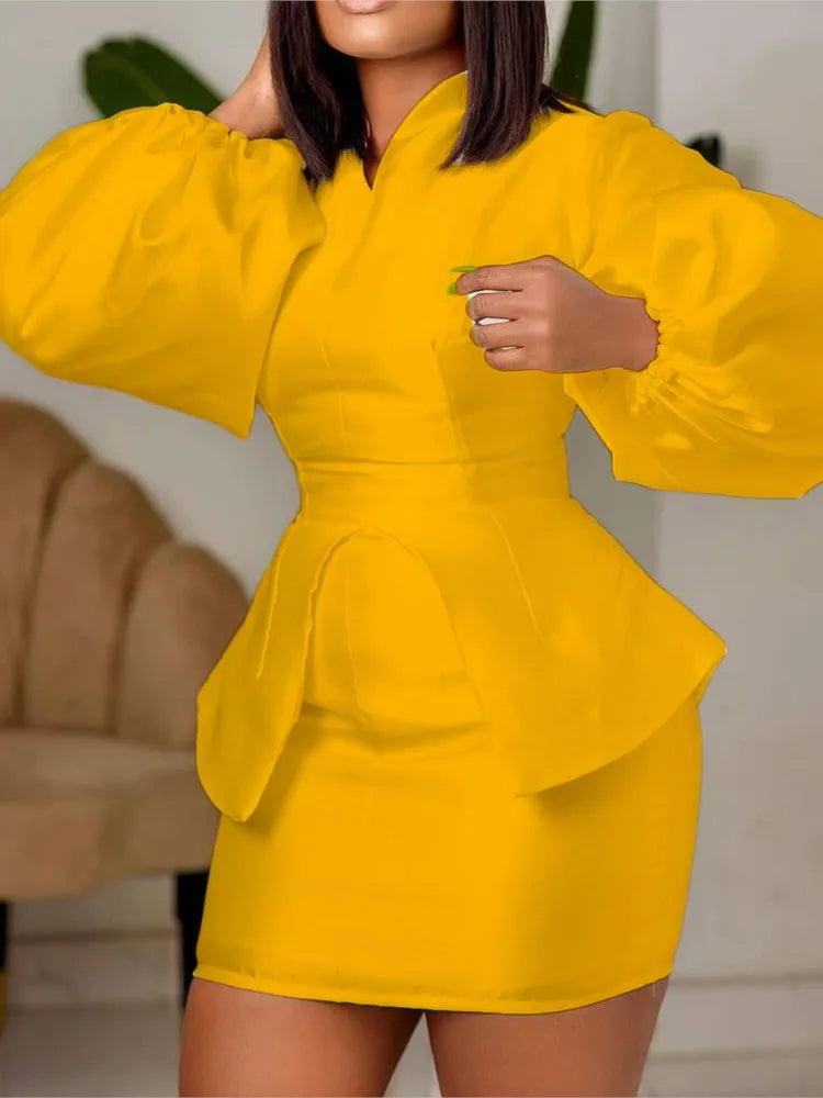 Plus Size Autumn 2 Two Piece Set Women Puff Long Sleeve Fashion Slim Waist Ladies Cropped Blouses Bodycon Sexy Woman Mini Skirts