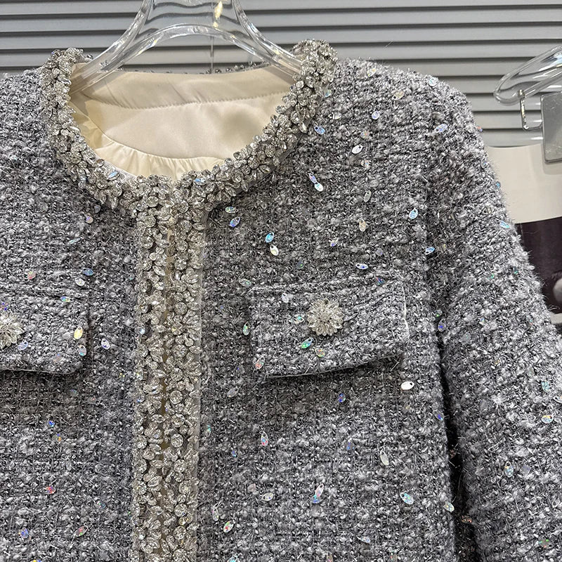 Winter New Fashion Rhinestone Beaded Sequin Tweed Cotton Jacket For Women Elegant Covered Button Short Coat 11A07561