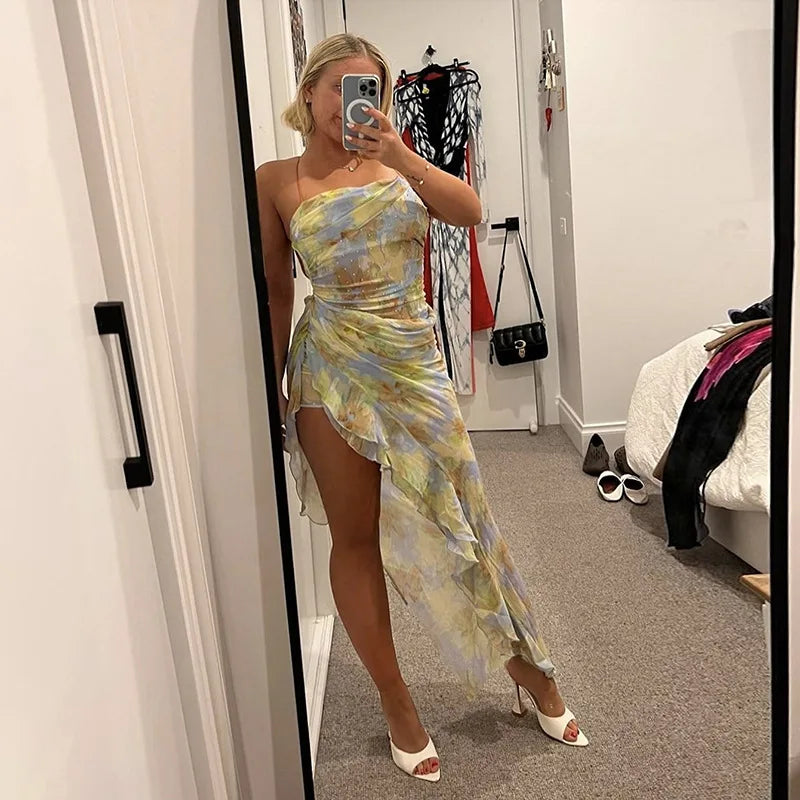 Summer Women's French Light Luxury Design Diamond Lace Backless Irregular Dress Elegant Sexy Party Dress Club Outfit