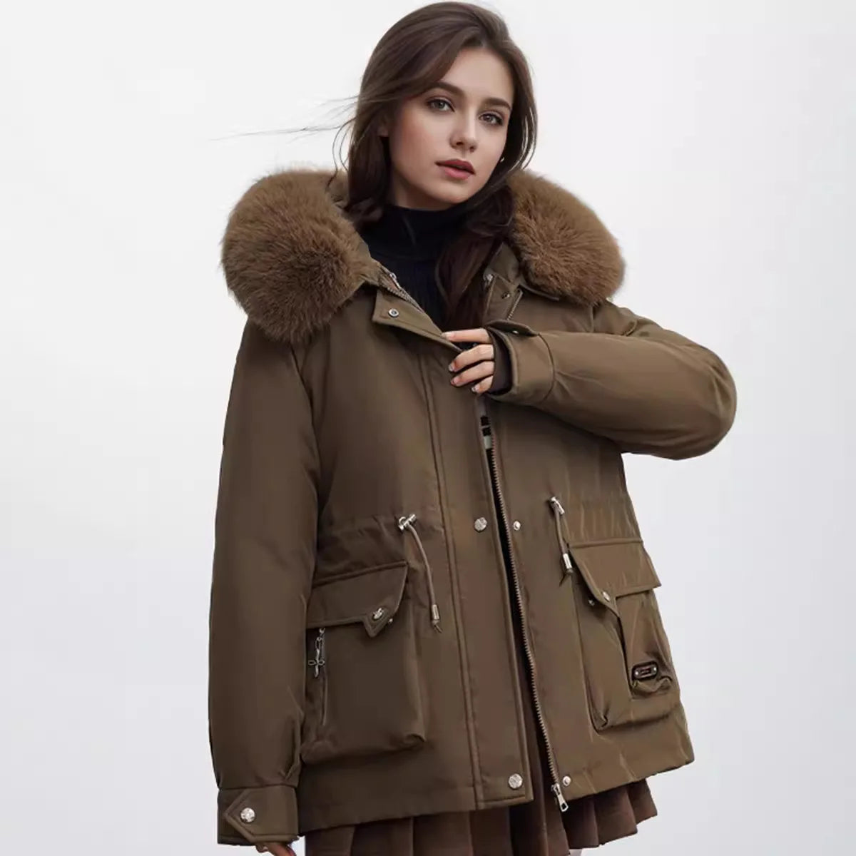 Winter Women's Jacket Fur Collar Thicken Warm Casual Cotton Jacket Female 2 Pocket Drawstring Waist Cinching Parka Jacket camel