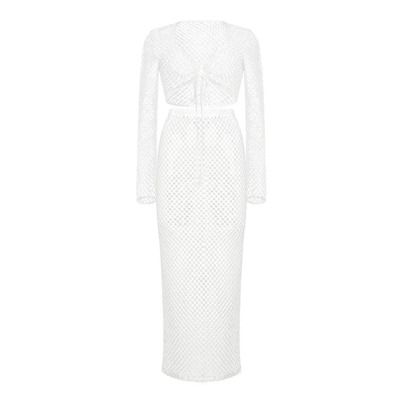 Women's Summer 2PCS Outfit Sets Long Sleeve Tie Up Crop Tops + White Long Knit Hollow Skirt