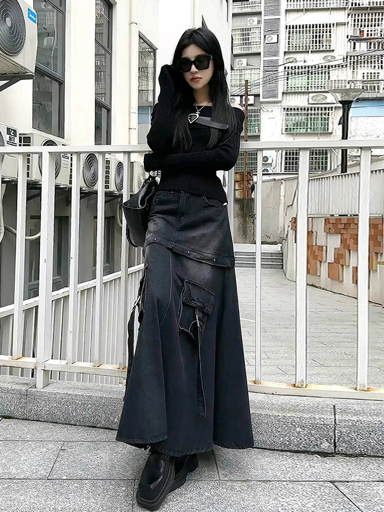 Black Denim Skirt Thin Office Lady Vintage Fashion Pockets Autumn Winter High Waist A-Line Skirt New Design Gothic