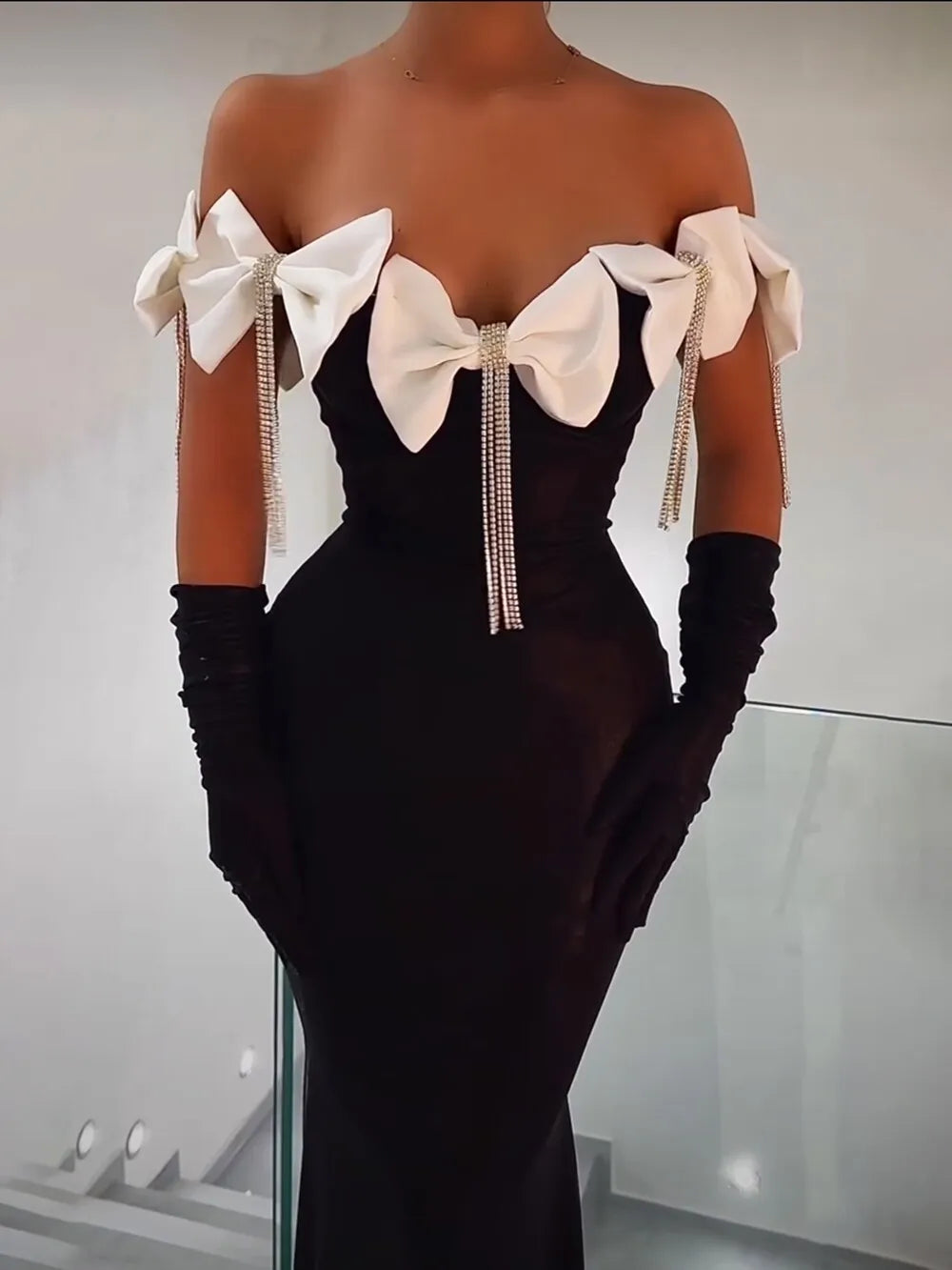 Women Celebrity Sexy Off Shoulder Flower Diamonds Black Bow Tie Maxi Long XL Bandage Dress Elegant Evening Club Party Dress black