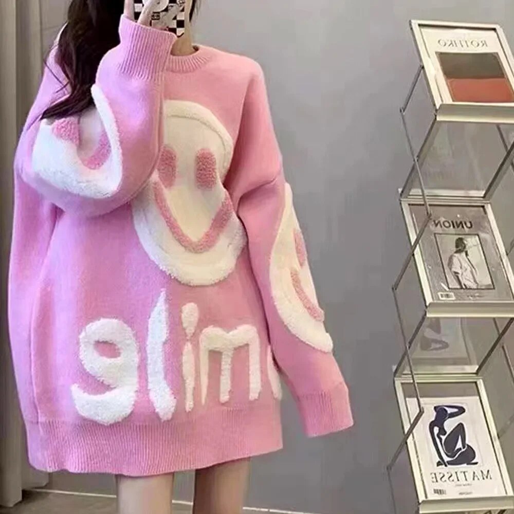 Y2k O-Neck Crochet Kintted Sweater Women Smile Loose Top E-girl Pullovers Spring Autumn Winter Jumper Sueter Streetwear