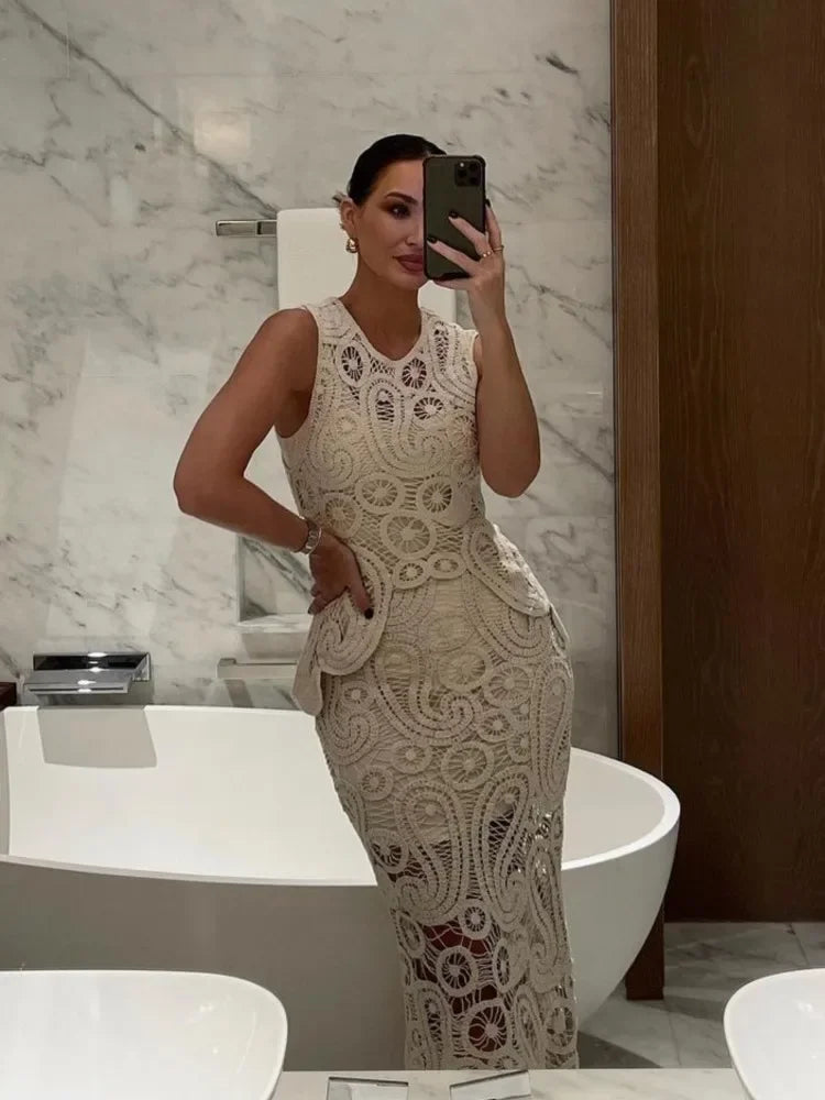 Crochet O Neck Hollow Out Skirt Set Women Chic Hook Flower Sleeveless Top Irregular Skirt Suit Spring Lady Elegant Outfit