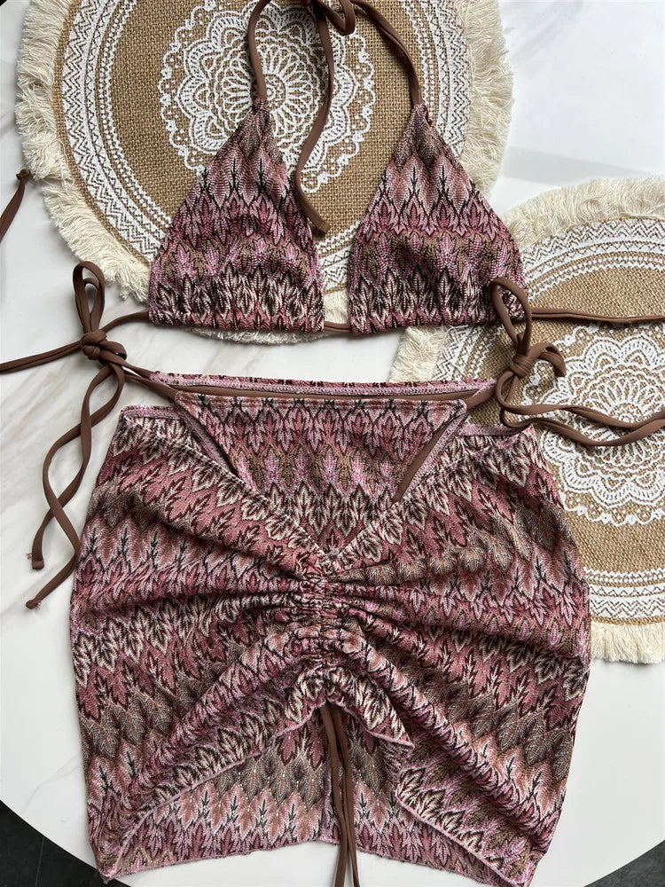 Women Swimsuit Colored Maple Leaves Knitted Bikini Skirt Three-Piece Set Split Swimsuit Bikini 1