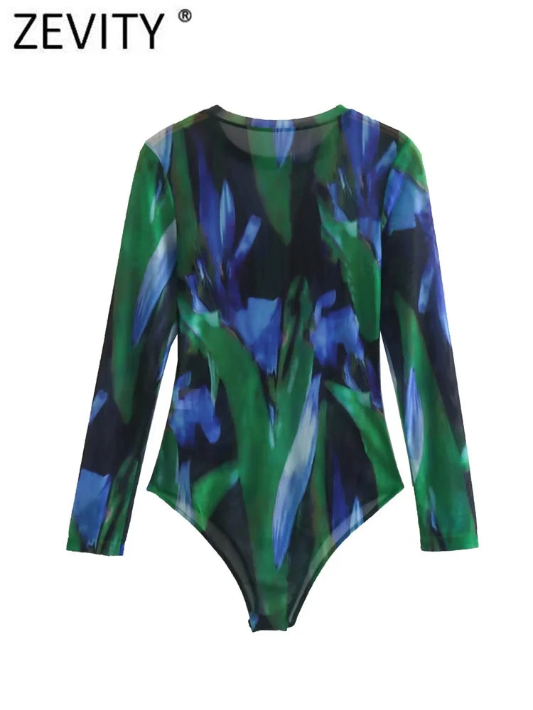 Zevity Women Vintage Ink Painting Graffiti Print Mesh Yarn Slim Bodysuits Ladies Sexy Perspective Playsuits Mujer Rompers LS2633