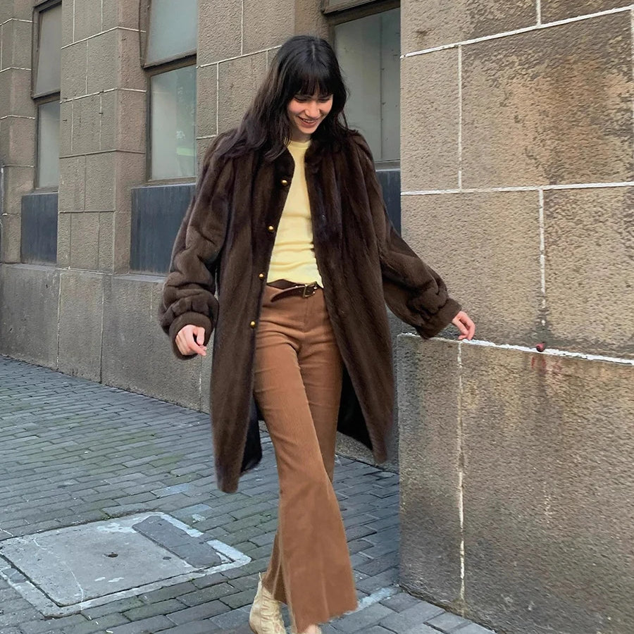 Lautaro Winter Luxury Elegant Thick Warm Fluffy Soft Brown Faux Mink Fur Coat Women Mid-Century Modern Vintage Furry Overcoat