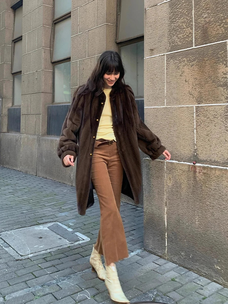 Lautaro Winter Luxury Elegant Thick Warm Fluffy Soft Brown Faux Mink Fur Coat Women Mid-Century Modern Vintage Furry Overcoat