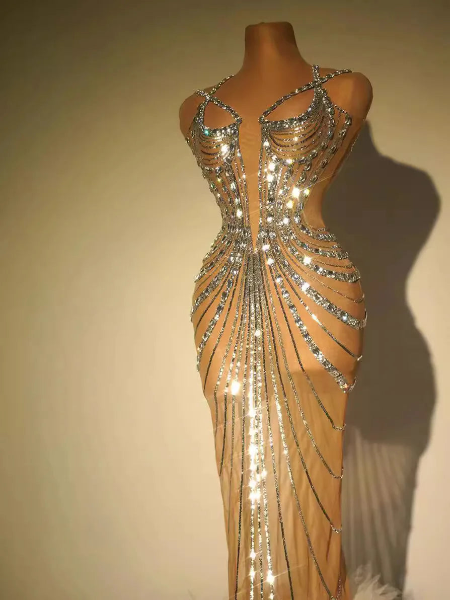 Stock Women Luxury Sexy Mesh Sequins Crystal Diamonds Feather Dress Birthday Party Costume Bar Nightclub Stage Performance Dress