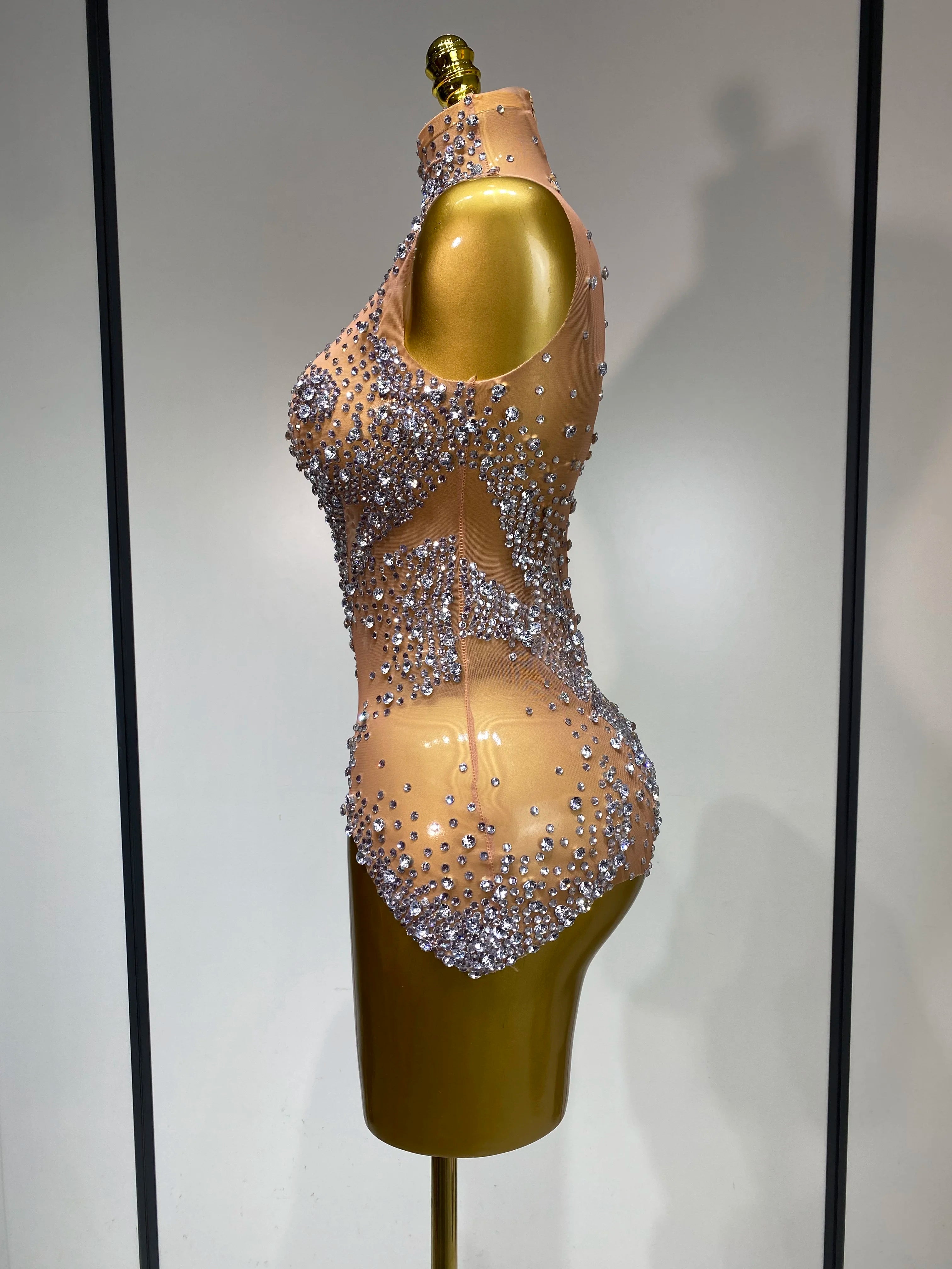 Women Sexy See Through Crystal Bodysuits Luxury Birthday Dancer Stage Performance Wear Mesh Sparkly Rhinestone Nightclub Outfit