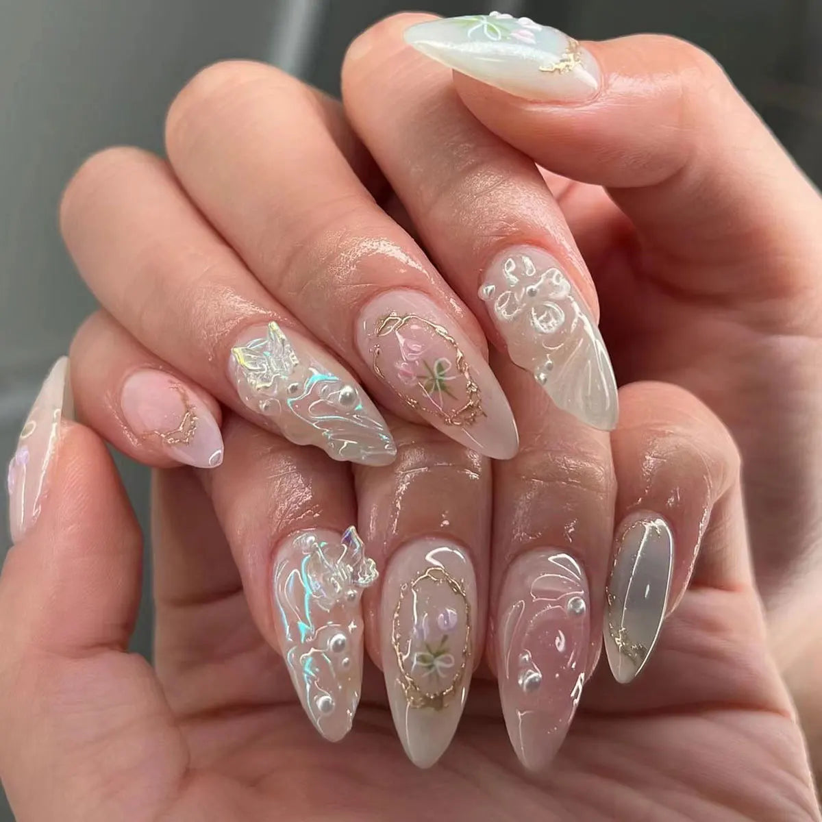 24Pcs 3D Bow French Press on Nails Set with Almond Design Long Stiletto Y2k Fake Nail Art Blue Wearable French False Nails Tips 3299