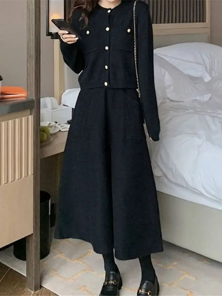 Autumn Winter Warm Wool Knitting Long Skirts Women High Waist with Pocket Loose Female Solid Knit Mid-Calf Skirt B790