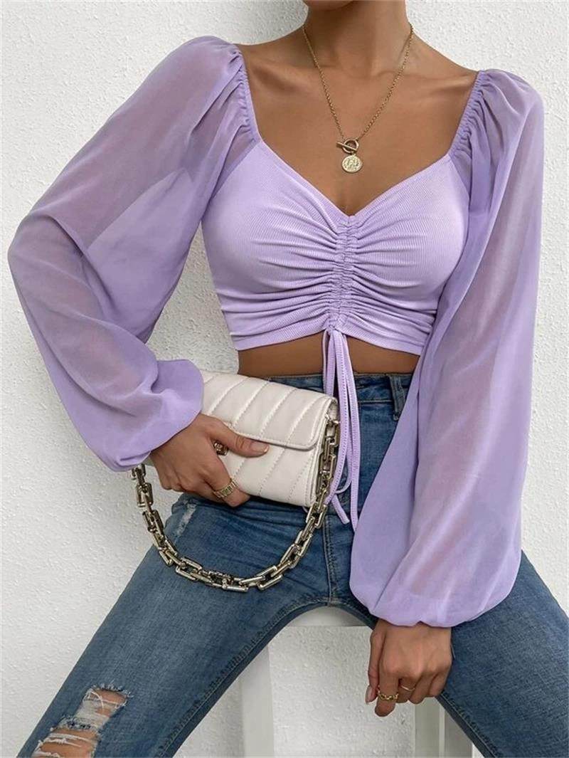 Sexy V-neck Women T Shirt Casual Drawstring Crop Tops Tee Ladies Blusas Summer Short Tshirt Woman Clothes Long Sleeve T Shirt light purple