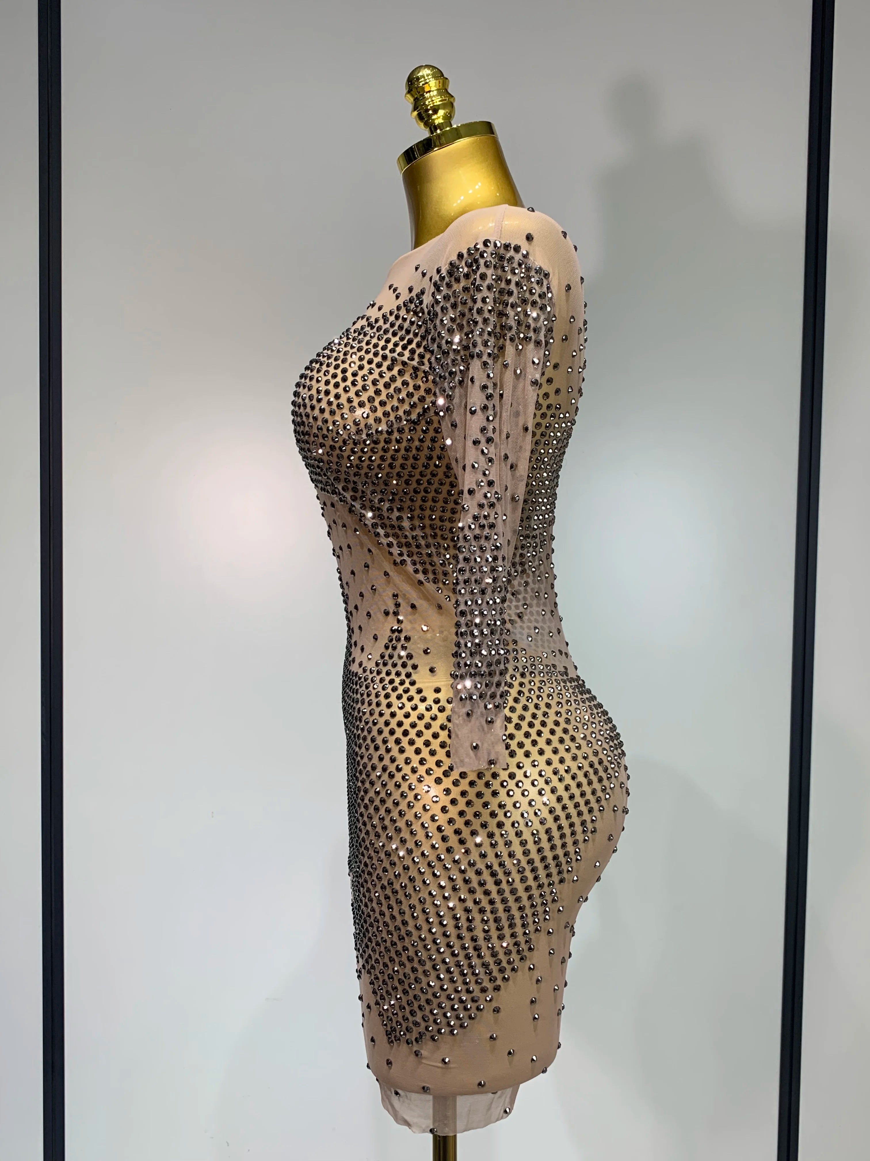 Luxury Birthday Rhinestones Half Sleeve Transparent Mini Dress Women 2025 Sexy Mesh Stretch Performance Celebrity Stage Wear