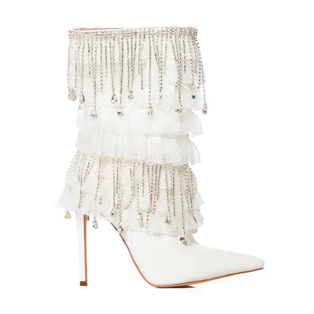 White Diamond Mid-calf Boots Stiletto Women's Autumn Vintage Leather Sexy Fashion Elegant Party Lady Shoes Weeding New Arrivals