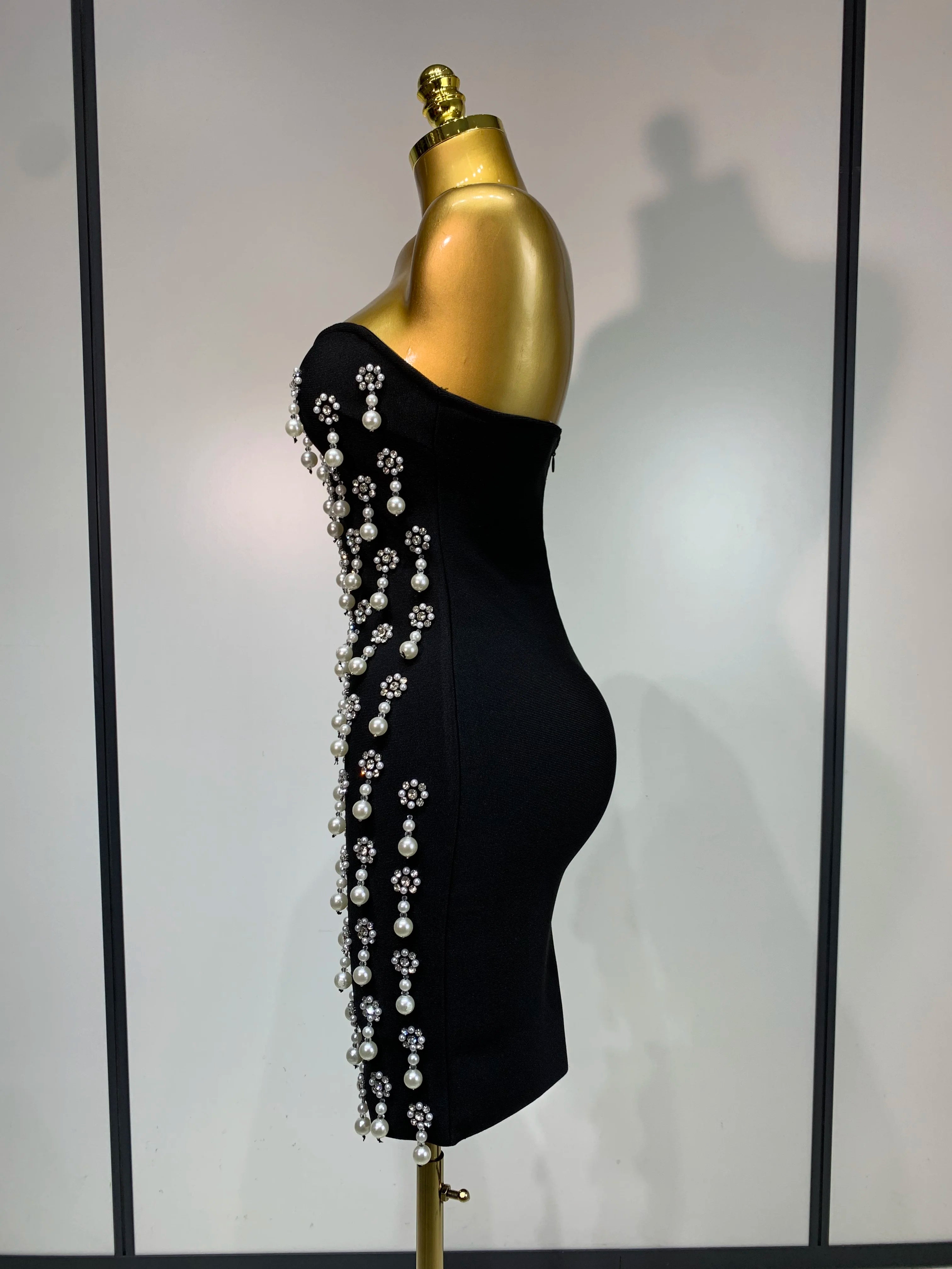 High Qualit Pearl Rhinestones Bodycon Strapless Mini Dress Women Sexy Backless Fashion Evening Party Club Luxury Birthday Dress