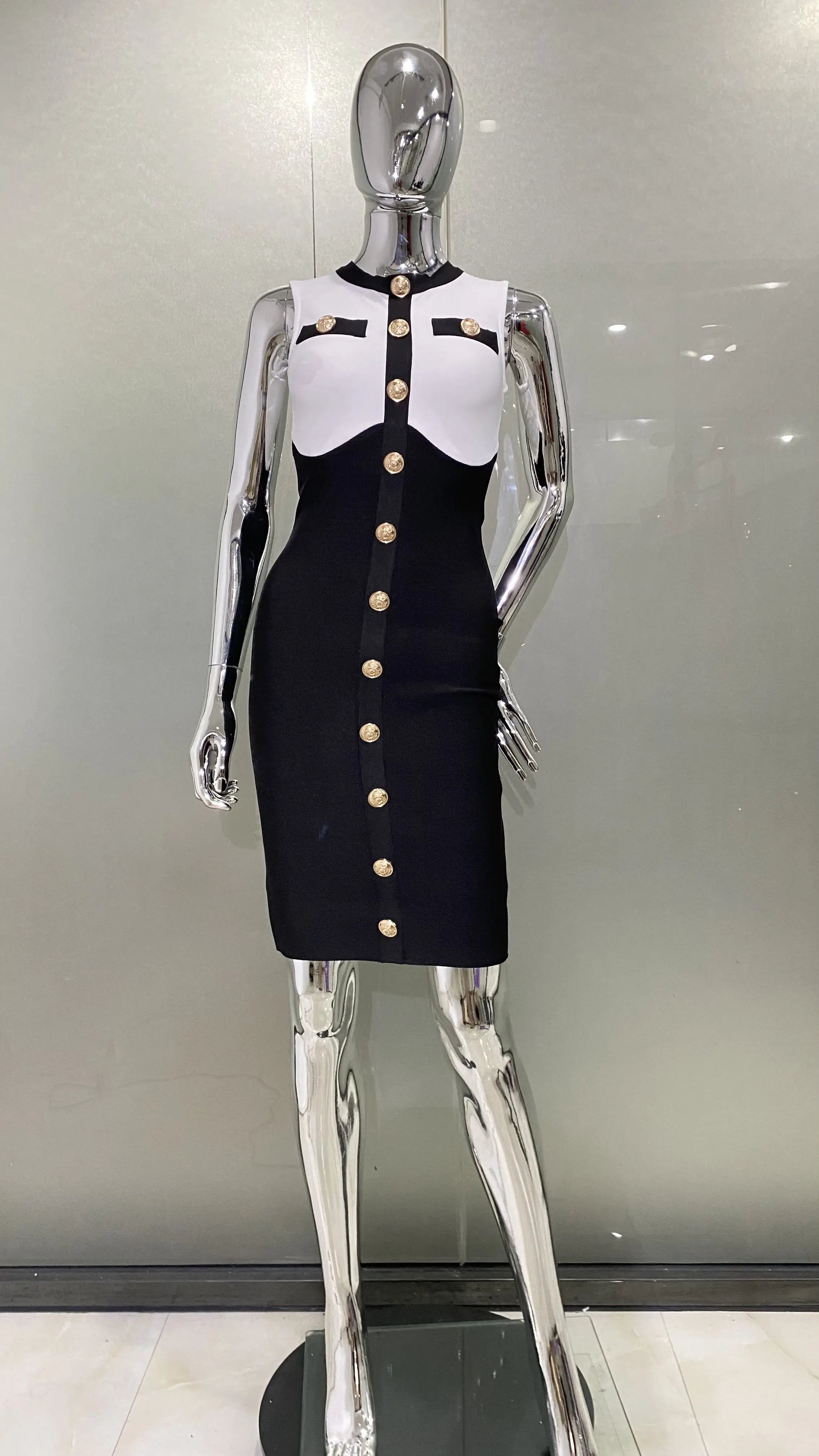 New Arrivals Fashionable Women's Bandage Set Golden Buttons White Patchwork Black Coat And Sleeveless Bodycon MIini Dress Dress