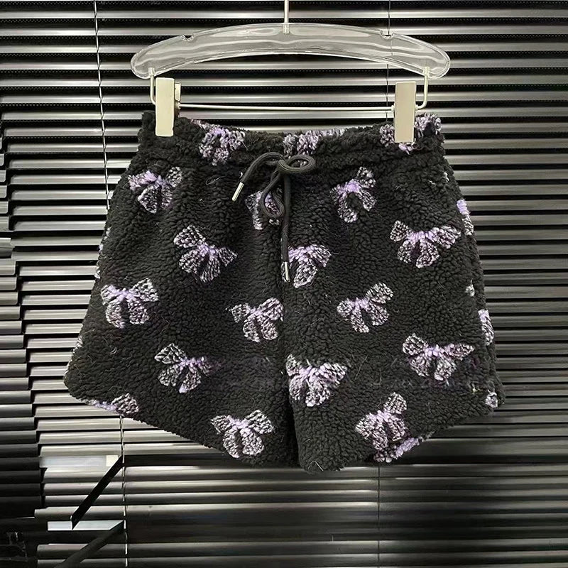 Autumn Winter New Fashion Women's Set Bowknot Printed Design Hooded Loose Zipper Coat Elastic Waist Shorts 11A07780