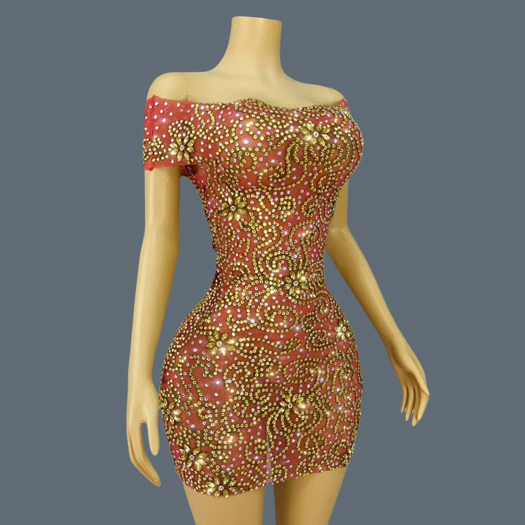 Sparkly Golden Rhinestone Strapless Sexy Mini Dress for Women Birthday Celebrate Party Ball Dress Luxury Dinners Wear Juhuami