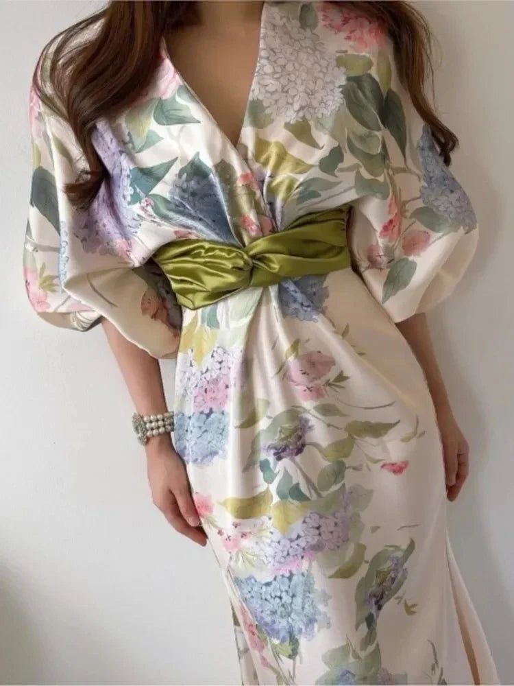 Women Elegant Floral Midi Dress Spring Vintage Japan Style Chic Bodycon Birthday Party Vestidos Female Fashion One Pieces Robe